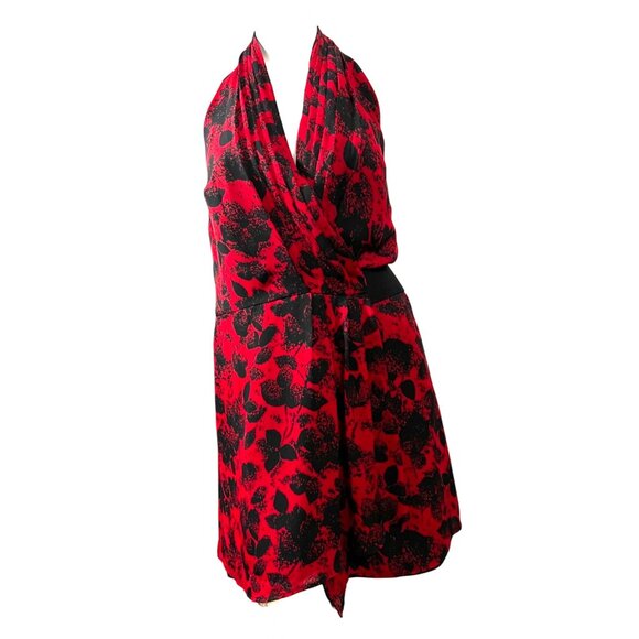BCBGeneration Red Floral Mini Wrap Dress Sz Small Womens Red & Black Side Wrap - Picture 12 of 16